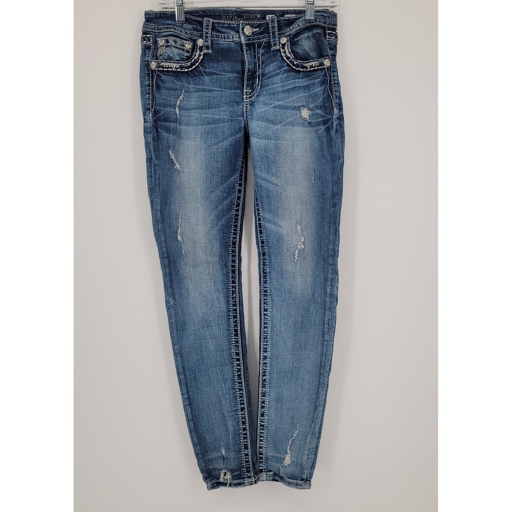 Miss Me Mid Rise Skinny Distressed Embellished Jeans Medium Wash Size 29 - Picture 2 of 8